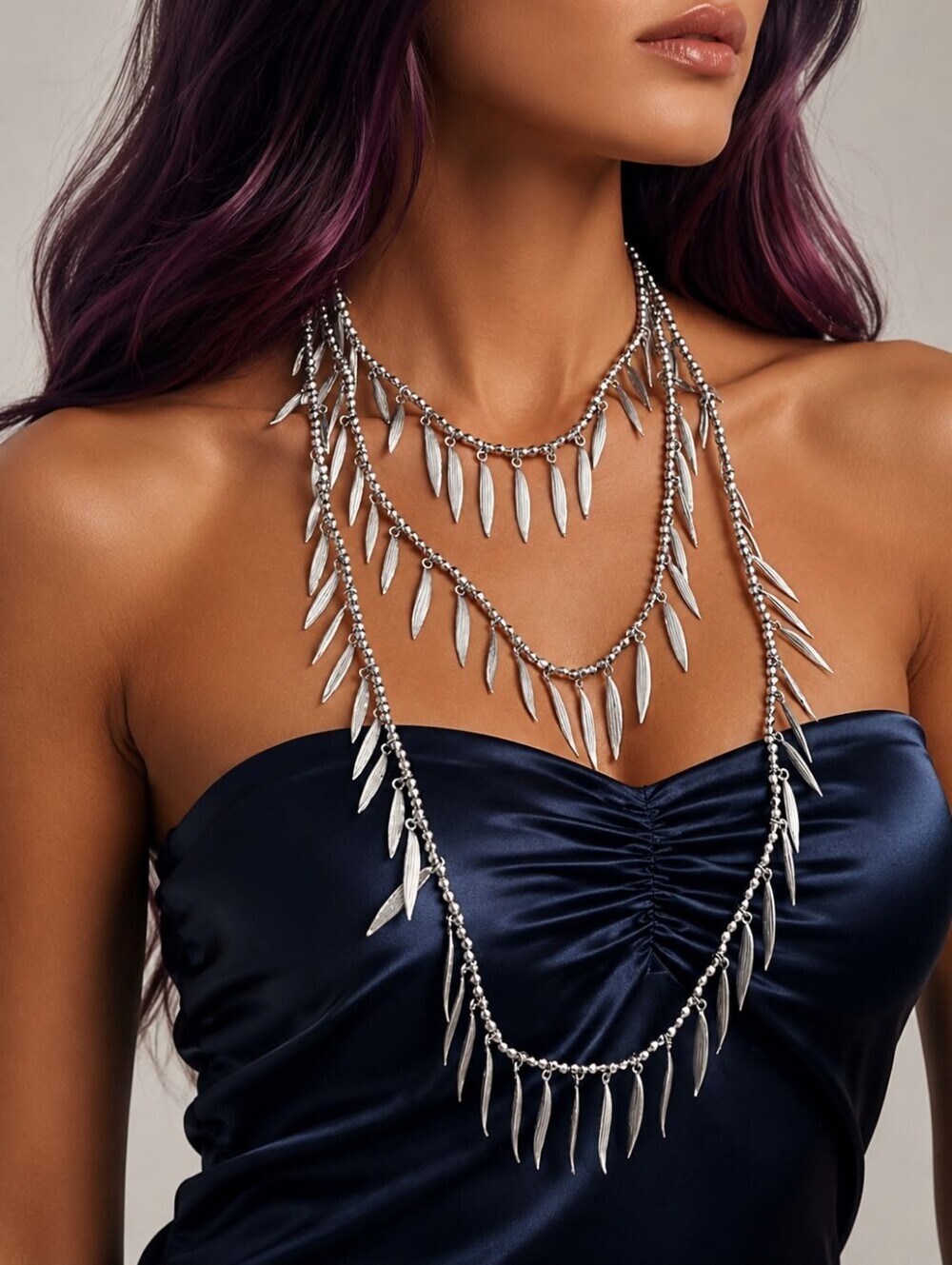 Silver Multi-Layer Leaf Fringe Necklace
